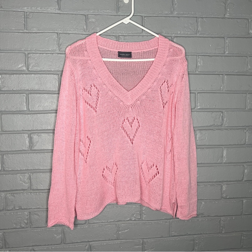 Wooden Ships Pink V-Neck Heart-Knit Sweater Size XS